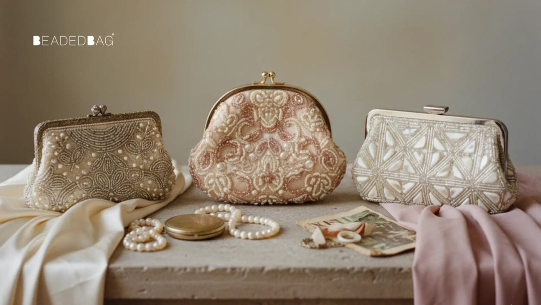 Elegant lineup of vintage and modern beaded clutches showcasing timeless craftsmanship, textures, and refined studio lighting.