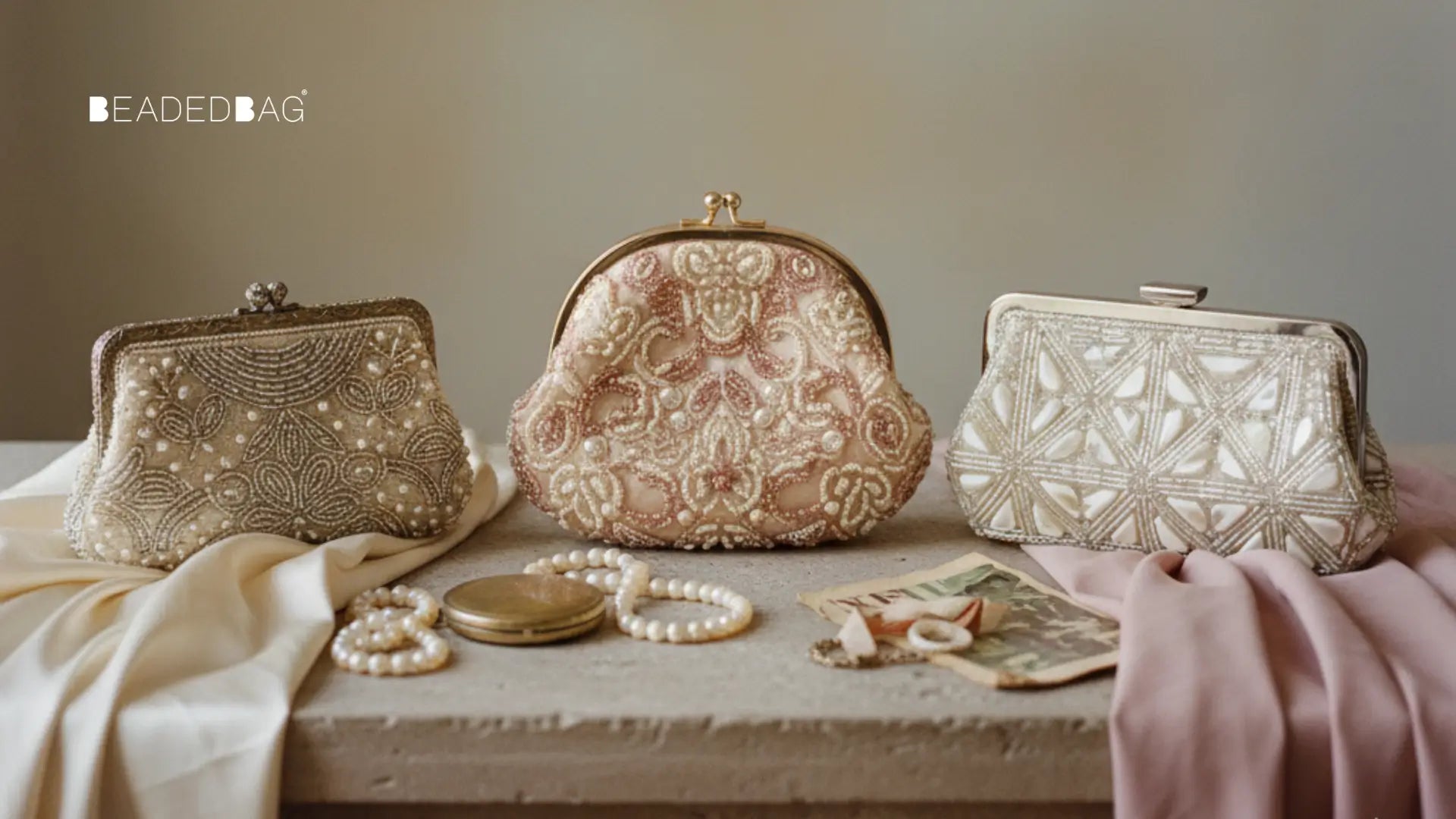 Elegant lineup of vintage and modern beaded clutches showcasing timeless craftsmanship, textures, and refined studio lighting. Image