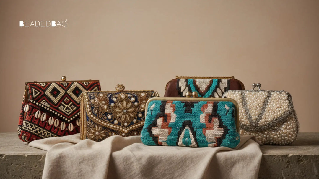 Global display of beaded fashion pieces showcasing diverse cultures, intricate craftsmanship, and timeless textural detail under soft studio light.