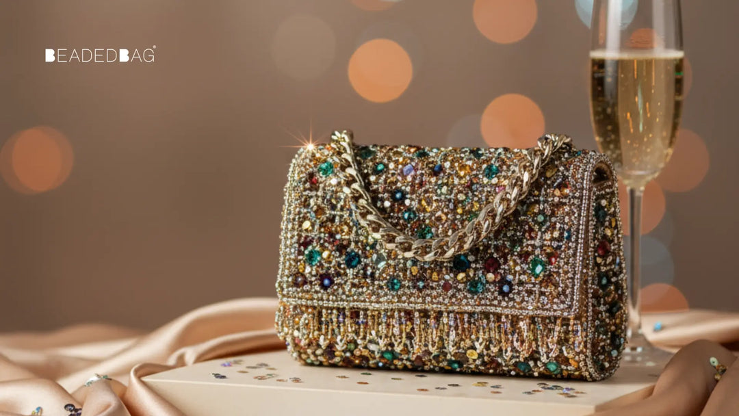 Elegant beaded handbag styled for parties, sparkling under soft festive light with refined textures and detail.