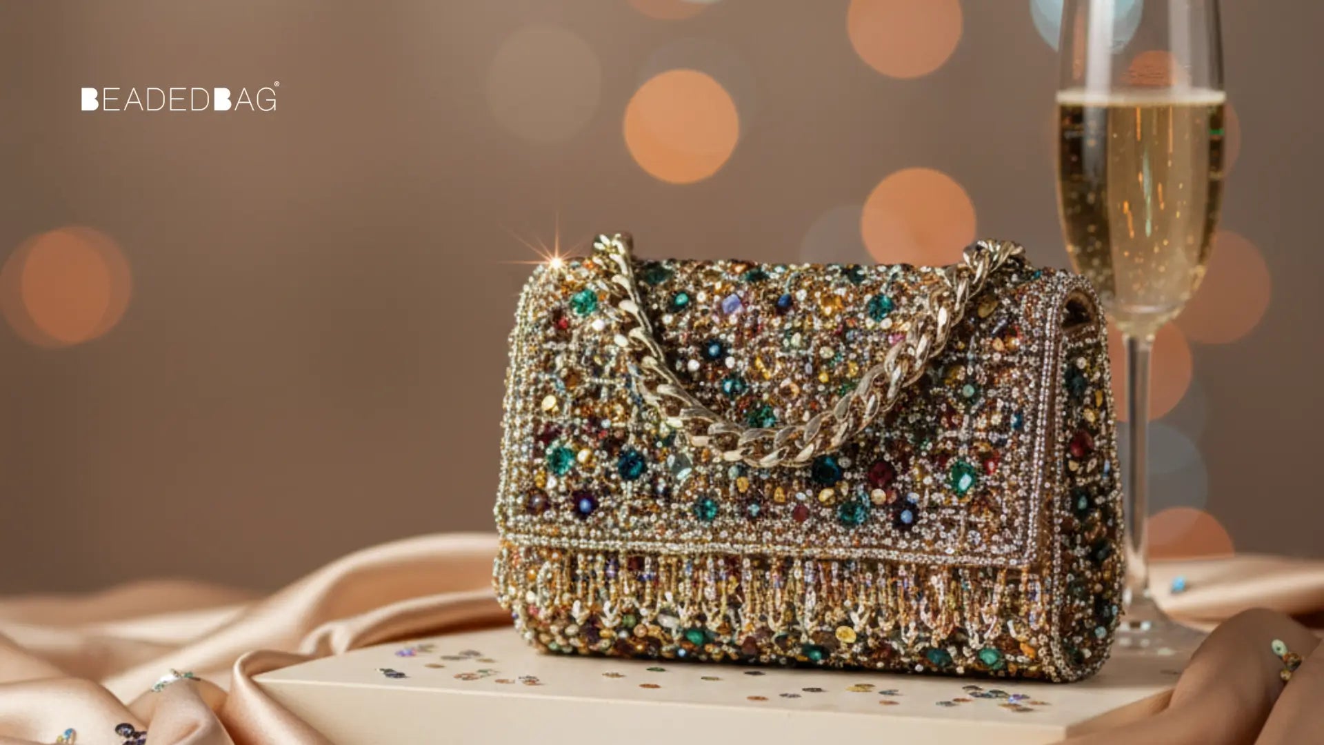 Elegant beaded handbag styled for parties, sparkling under soft festive light with refined textures and detail. Image