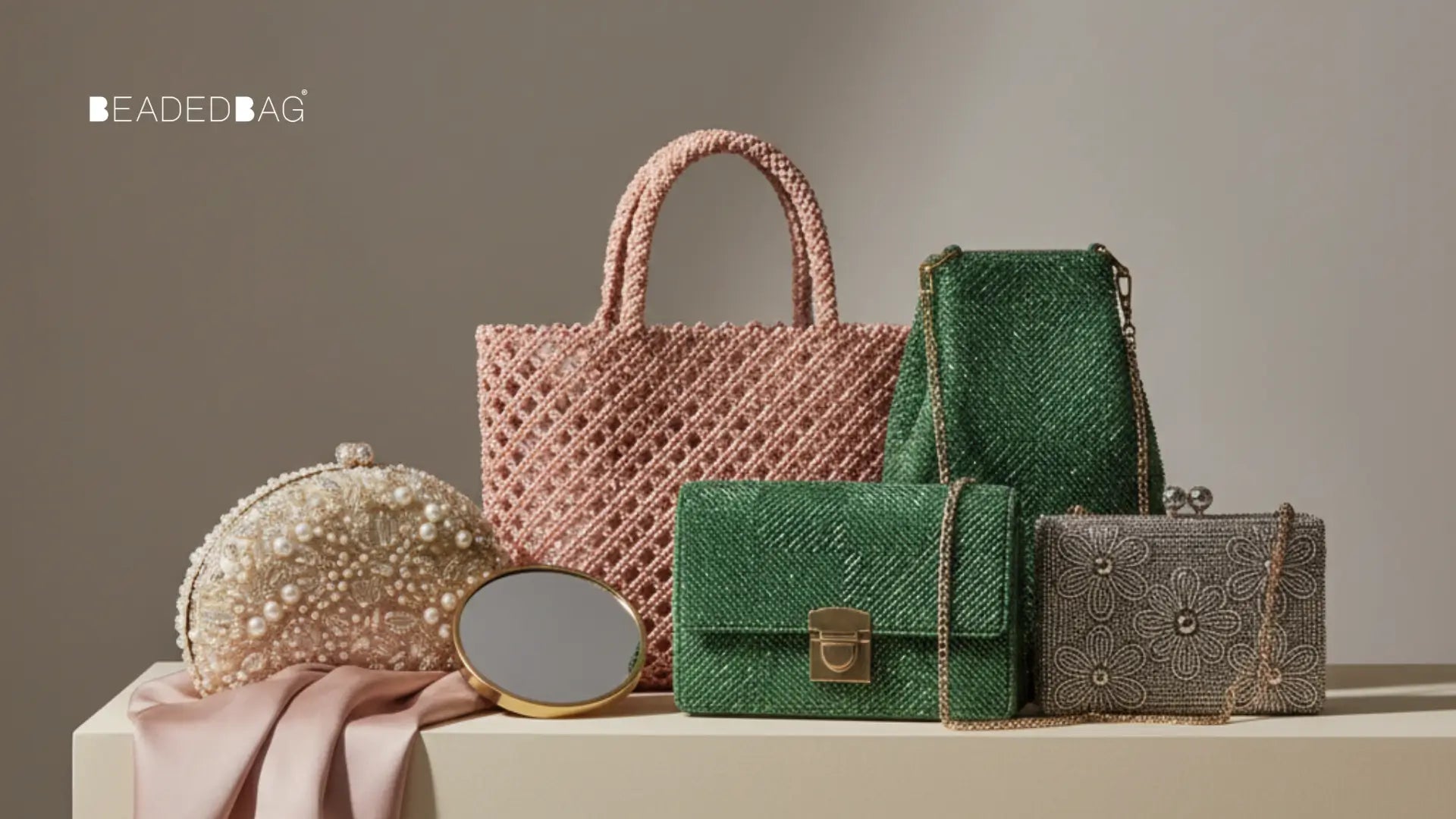 Selection of beaded handbags in varied styles, highlighting craftsmanship, bead detail, and elegant fashion appeal. Image