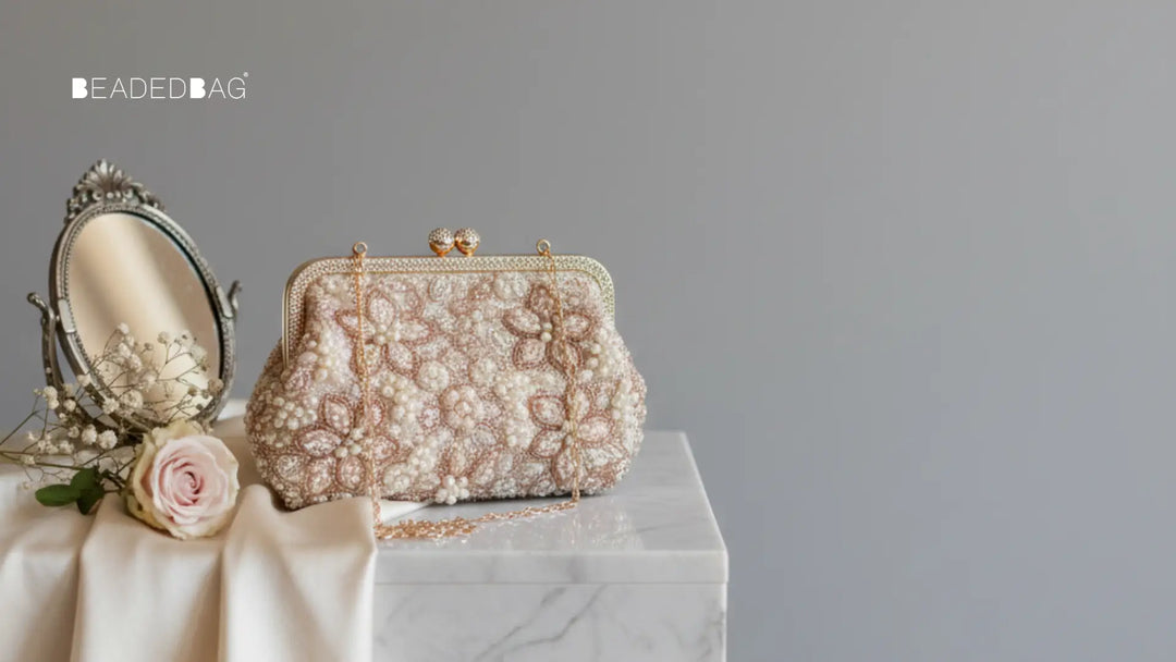 Elegant beaded purses styled for weddings, highlighting fine craftsmanship, delicate beadwork, and soft bridal tones.