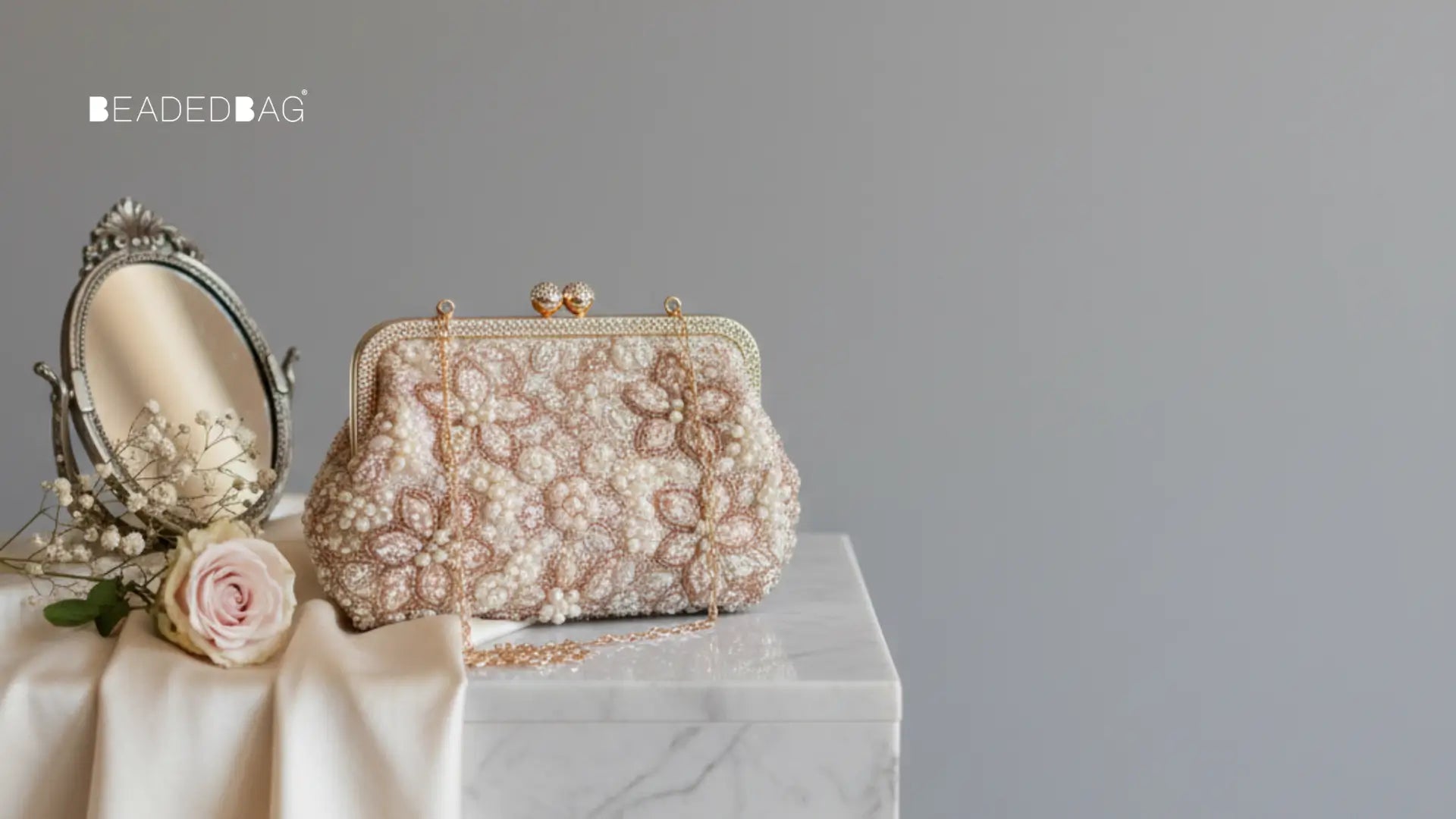 Elegant beaded purses styled for weddings, highlighting fine craftsmanship, delicate beadwork, and soft bridal tones.