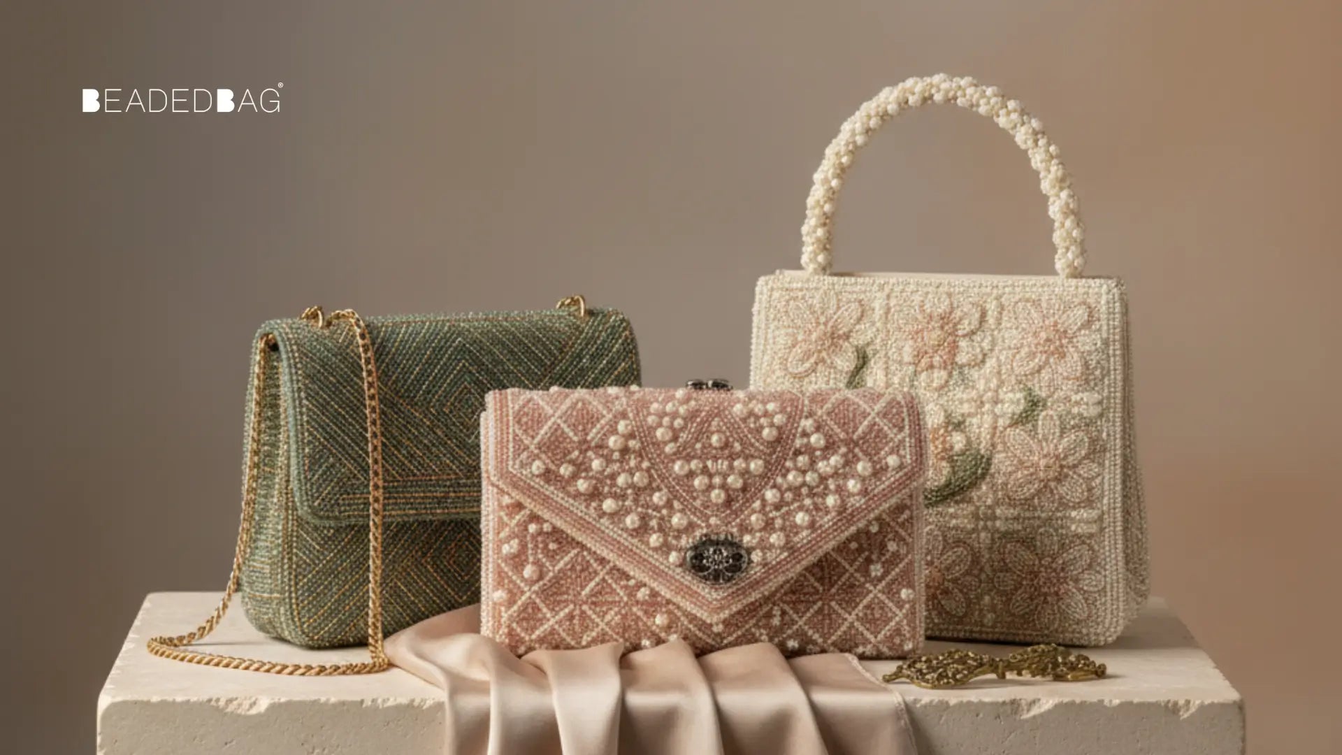 Still life of multiple beaded bag styles on stone plinth, highlighting variety, beadwork detail, and luxury craftsmanship.