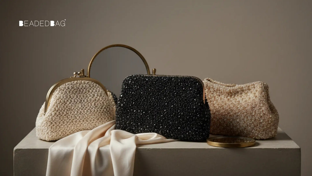 Elegant beaded handbags in black, ivory, and champagne, styled minimally to highlight classy colors and fine craftsmanship.