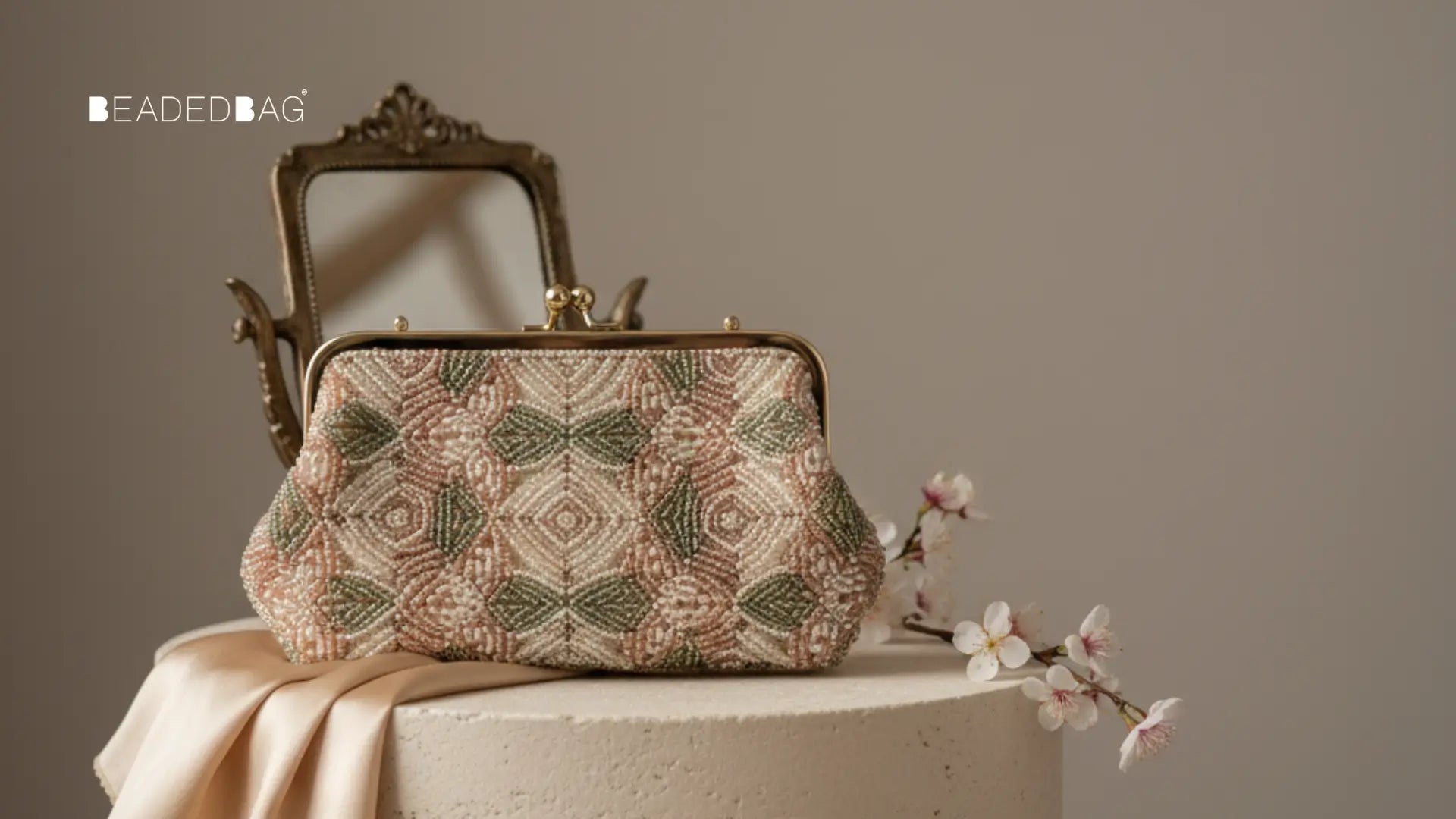 Hero beaded bag on seamless backdrop, showcasing intricate beadwork, precise stitching, and soft natural lighting. Image