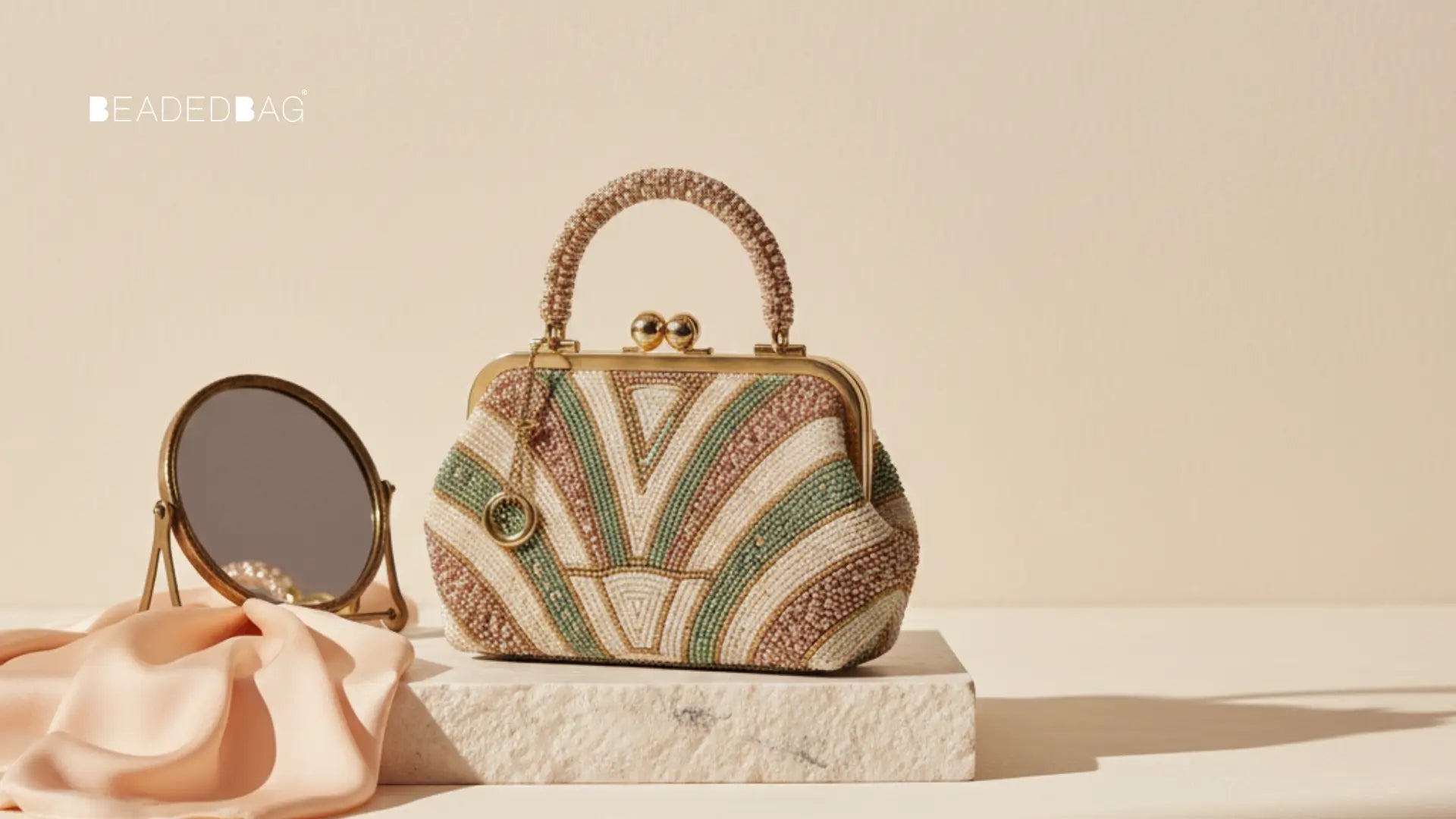 Iconic beaded handbag on plinth under soft light, emphasizing intricate beadwork and refined hardware. Image