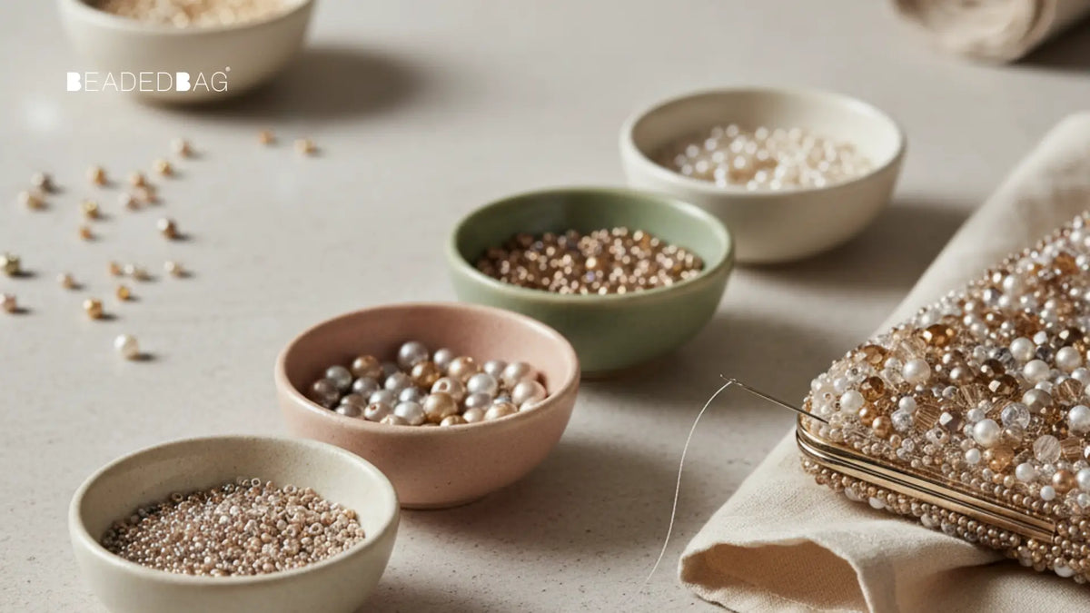 Macro display of assorted bead sizes arranged neatly, showing texture, color variety, and artisan precision. Image