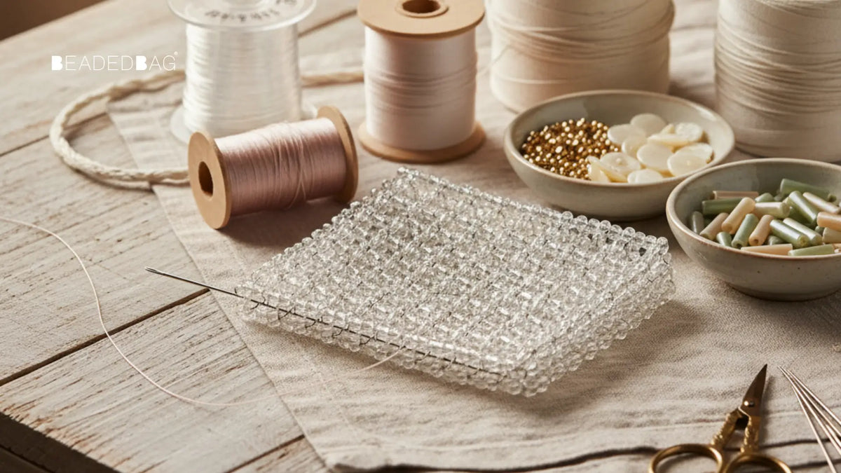 Macro photo of beading threads, needles, and materials used to craft a handmade beaded bag with precision. Image