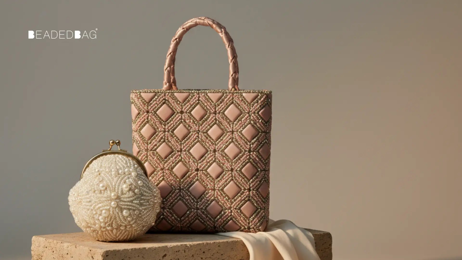 Elegant beaded handbags styled minimally, showcasing sparkle, craftsmanship, and broad trend appeal in soft natural light. Image