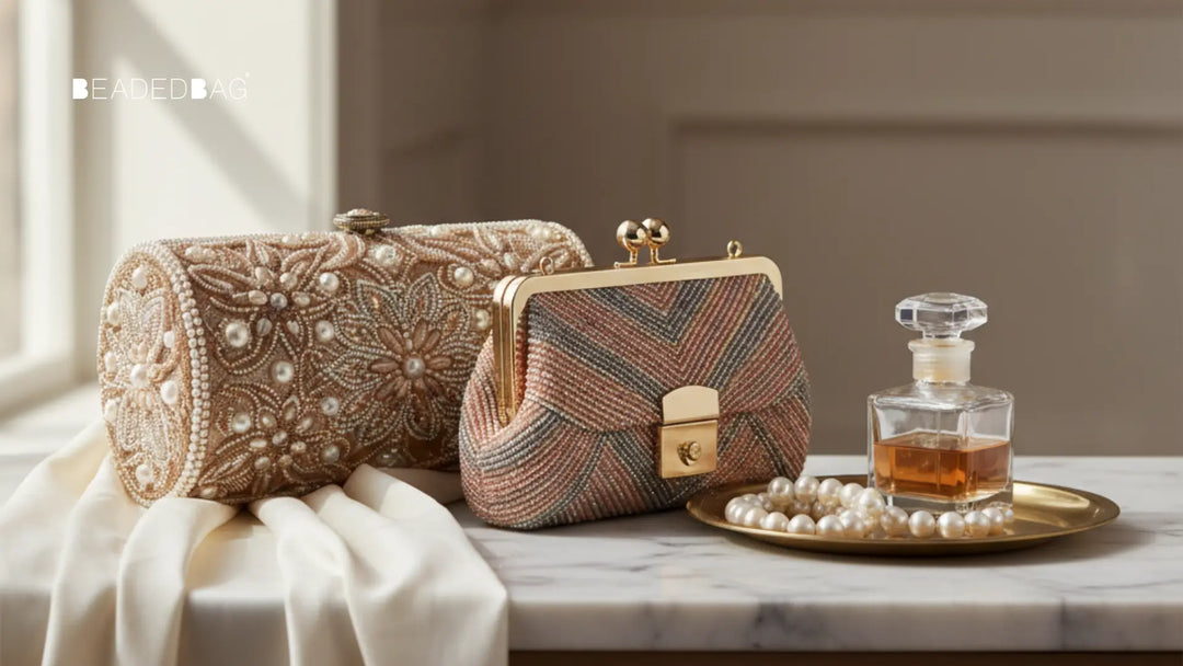 Elegant handcrafted beaded bag displayed on silk fabric, showcasing artisan detail, bead texture, and timeless luxury.