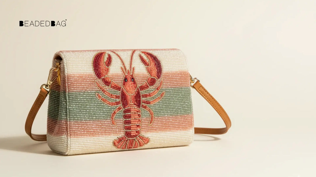 Hero lobster-motif beaded bag, showing intricate beadwork, precise stitching, and soft natural studio lighting.