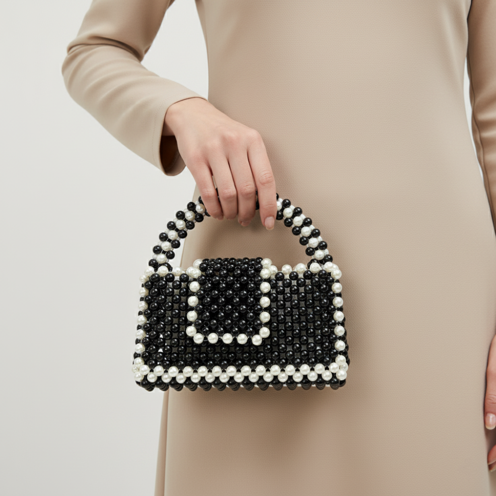 Beaded Handbag collection black and white pearl top-handle bag Image