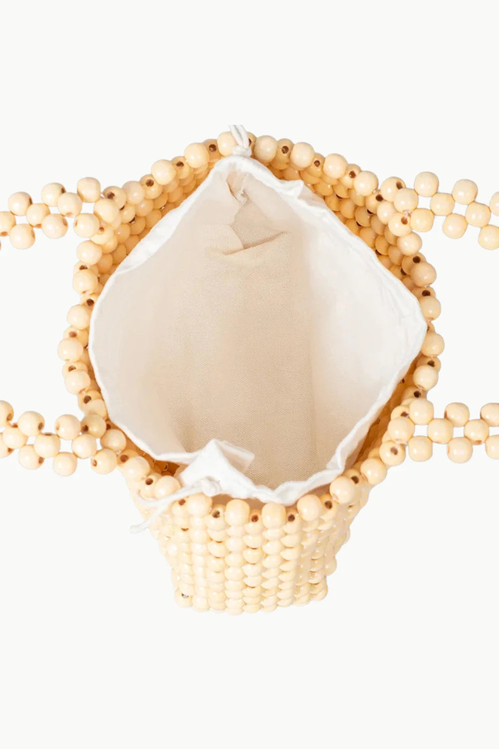 70s Wooden Beaded Bag with beaded wooden bucket design and fabric drawstring lining