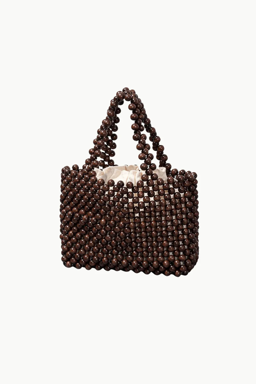 Dark brown 70s wooden beaded handbag with white inner lining, stylish vintage accessory