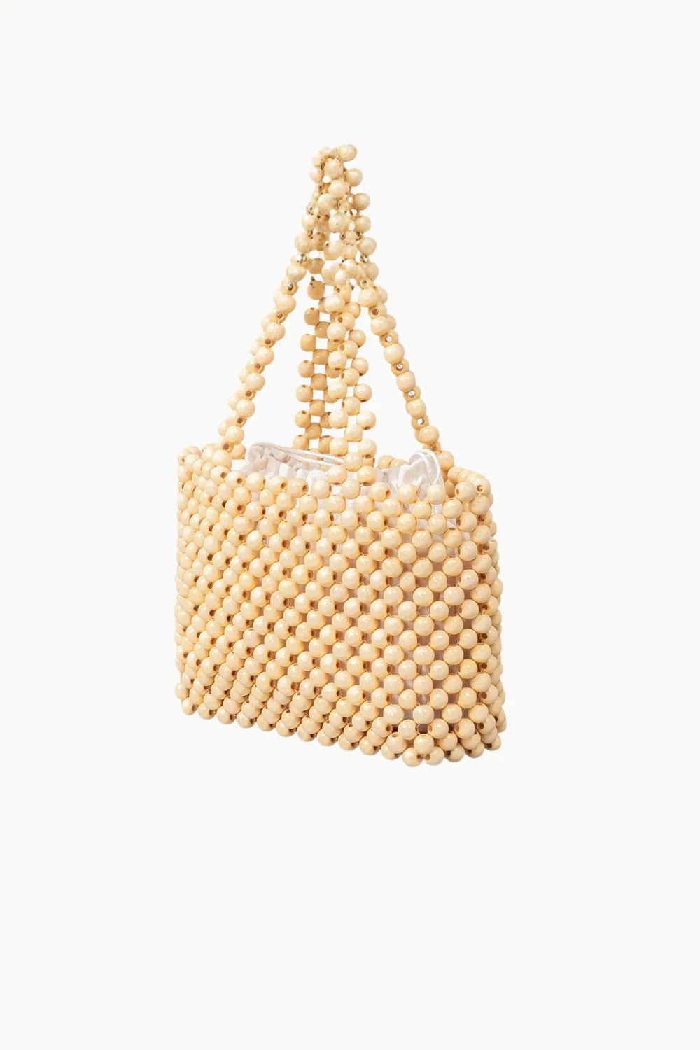 Light-colored wooden beaded handbag with open top and drawstring closure for 70s wooden beaded style