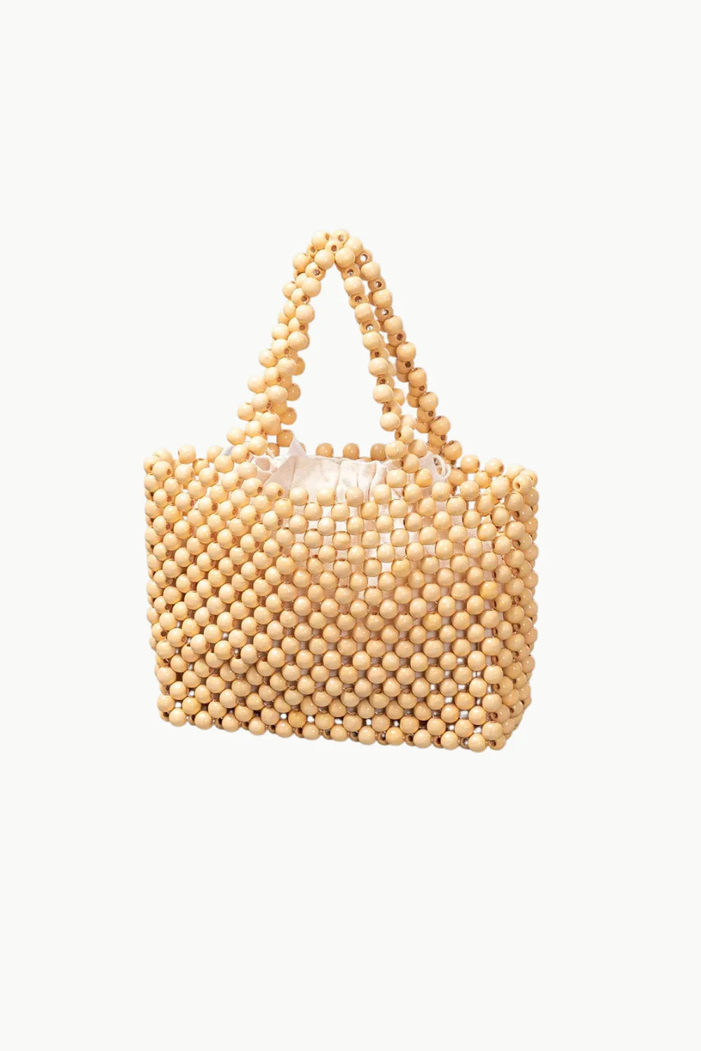 70s wooden beaded tote bag with drawstring closure showcasing vintage style and craftsmanship