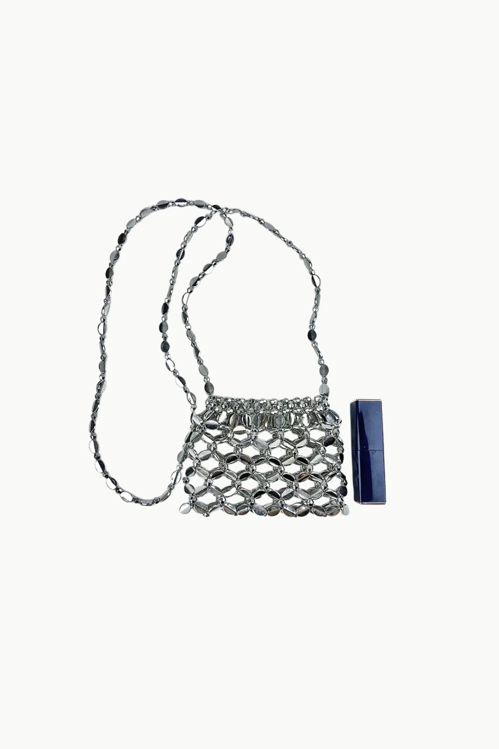 Accessorize Beaded Bag: Small silver-toned metal mesh shoulder bag with chain strap