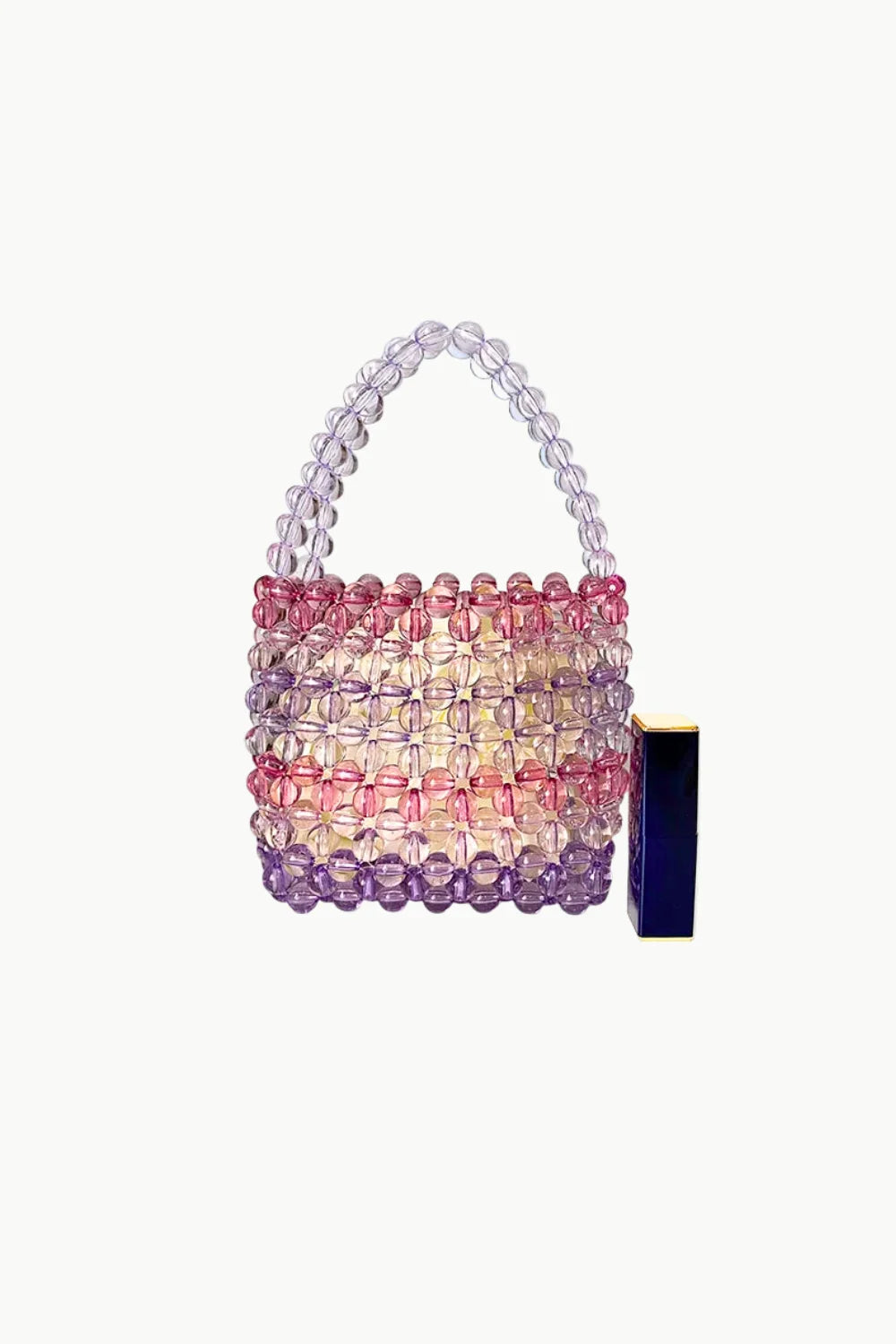 Colorful beaded bucket bag with gradient pink yellow purple beads and top handle