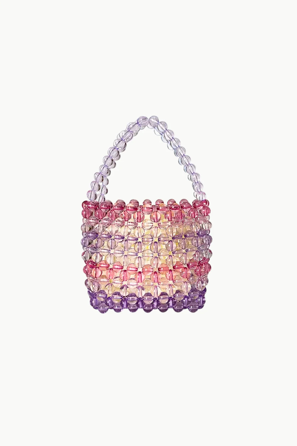 Pink purple and clear beaded bucket bag with top handle, stylish beaded bucket bag