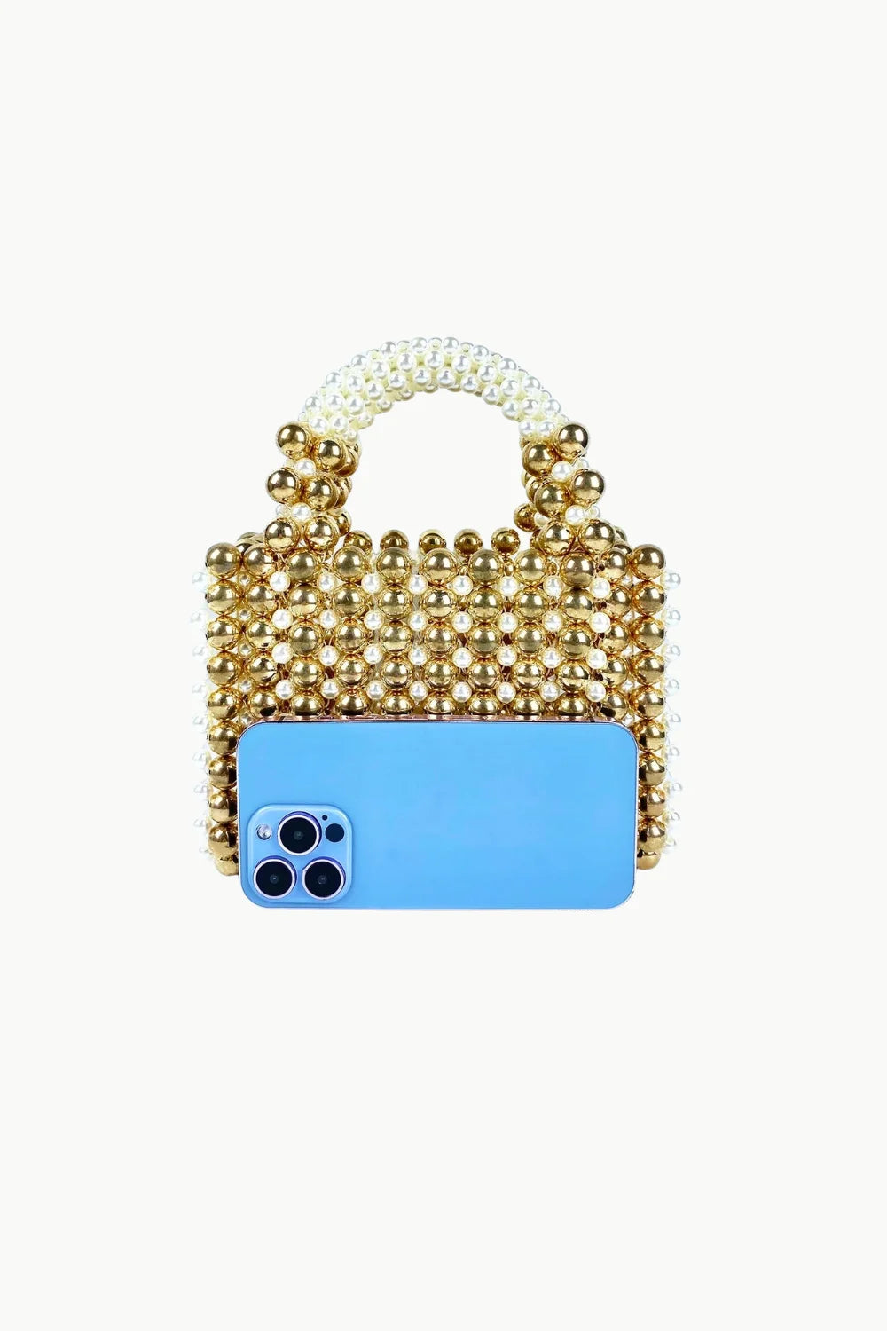 Gold beaded handbag with light blue smartphone inside, art deco beaded purse style