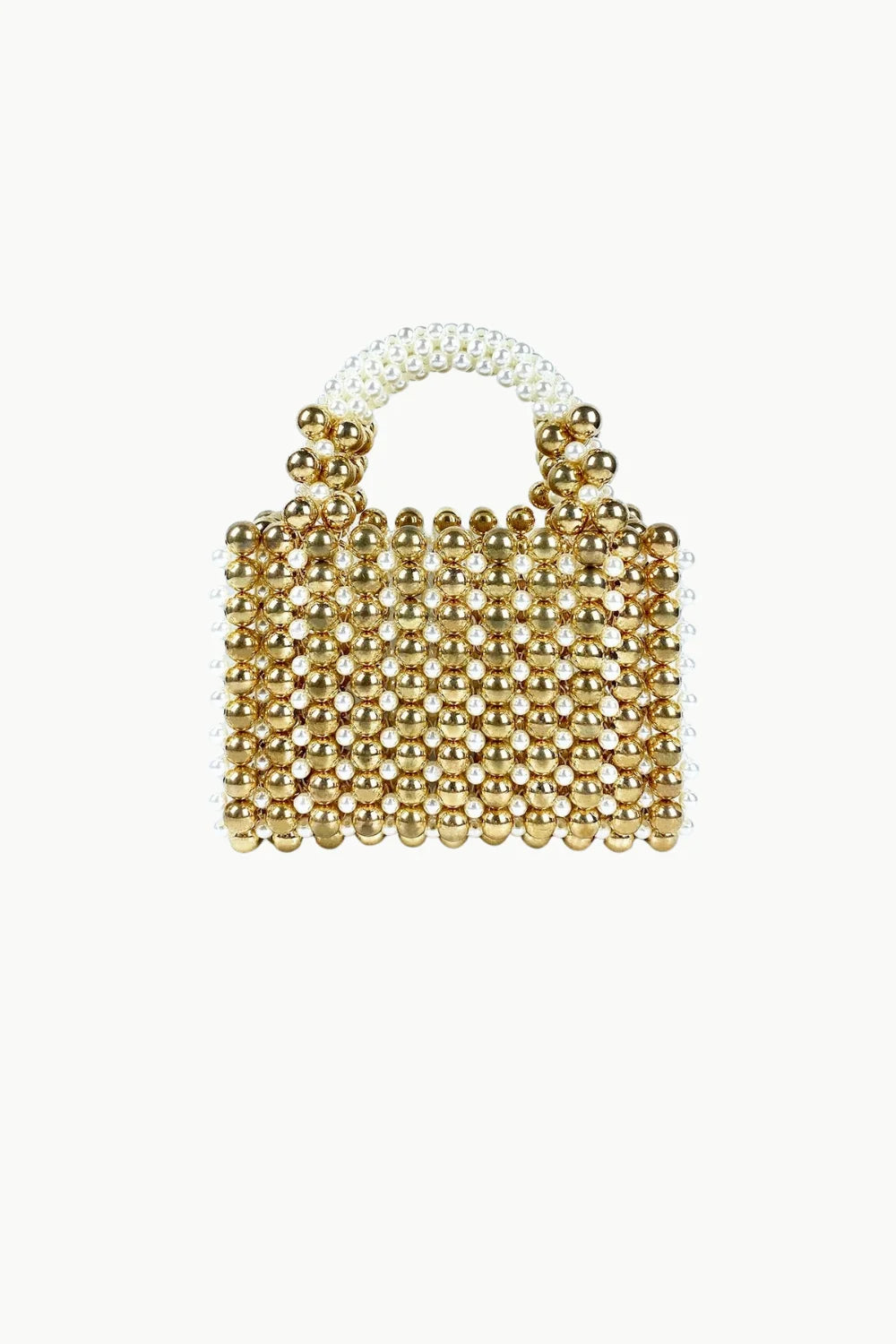 Gold and white beaded handbag with rounded handle, Art Deco beaded purse design