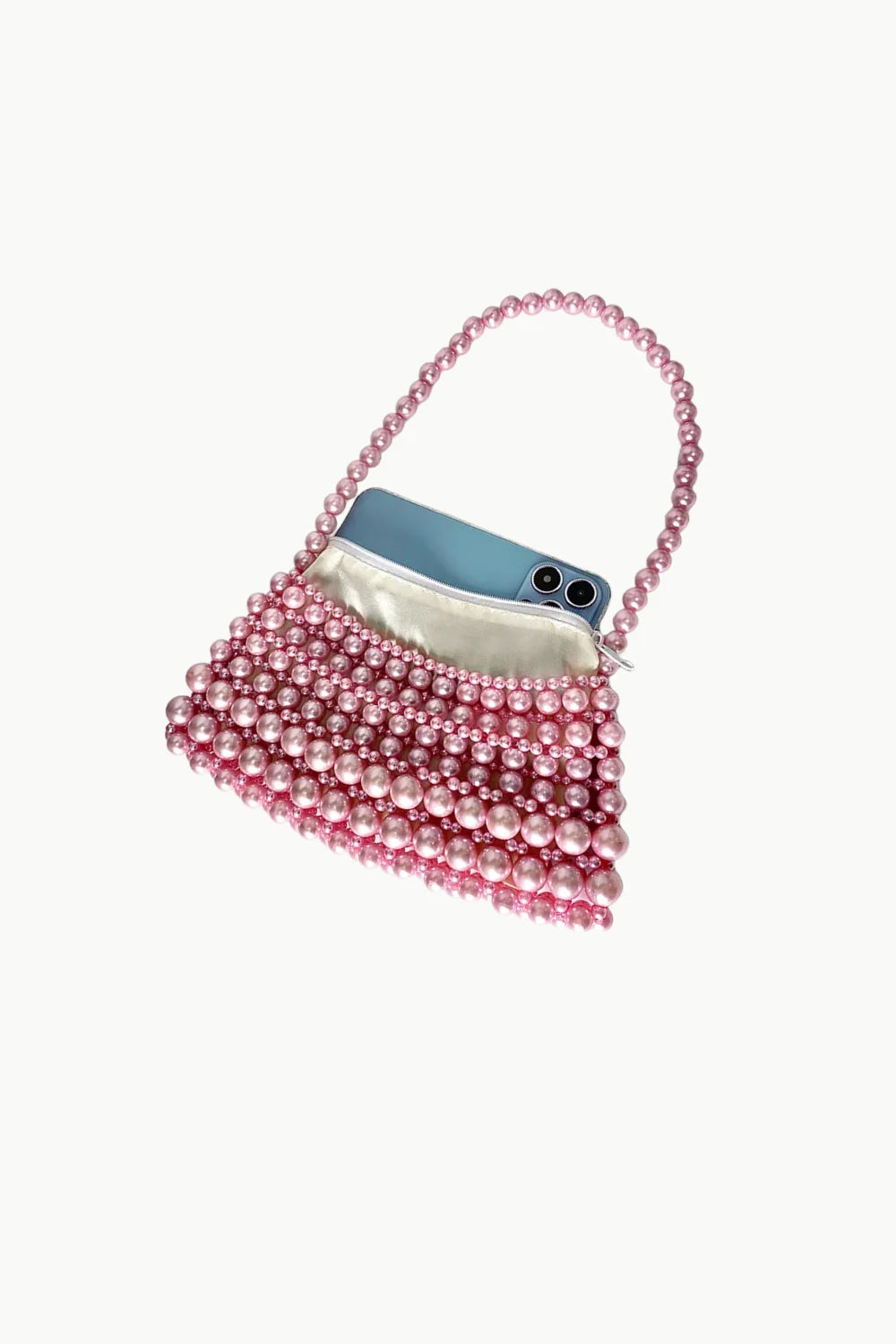 Baby Pink Beaded Bag with Smartphone and Small Pouch Inside, stylish pink beaded accessory