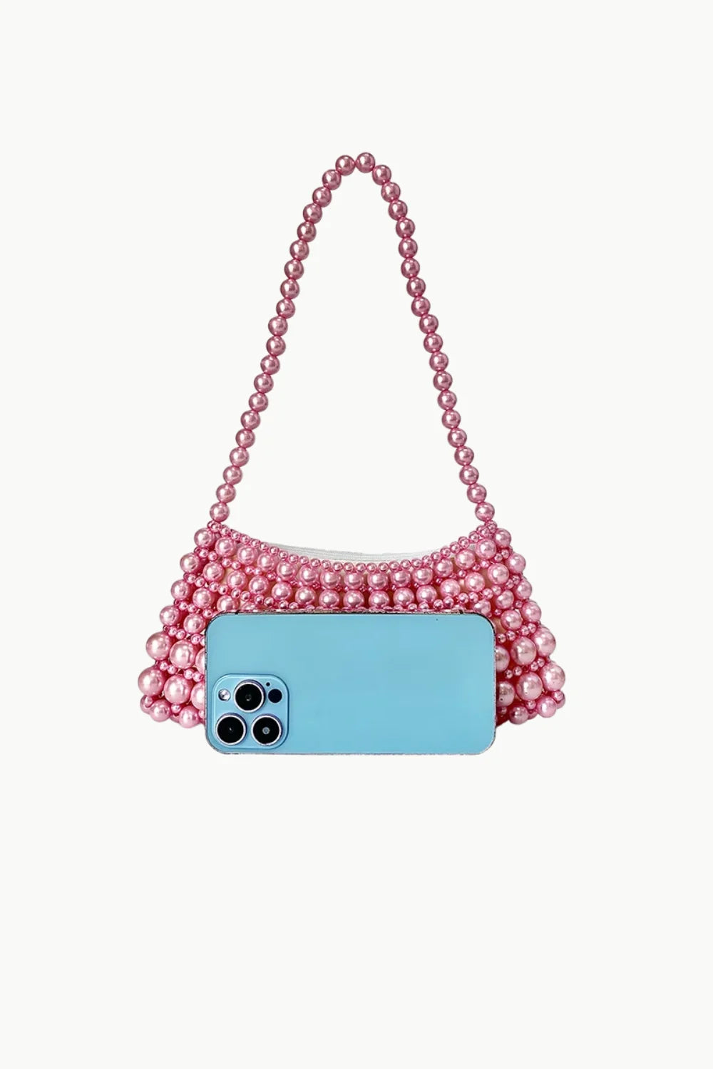 Baby Pink Beaded Bag with shoulder strap and phone inside, stylish pink beaded accessory
