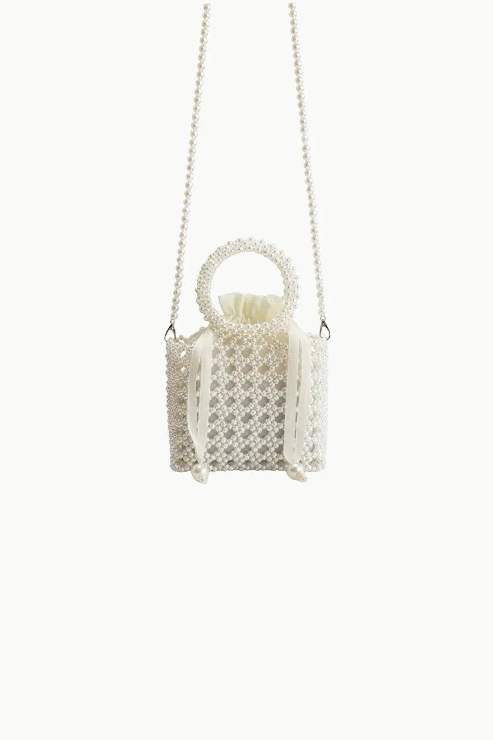 White pearl beaded handbag with drawstring pouch and pearl shoulder strap for elegance