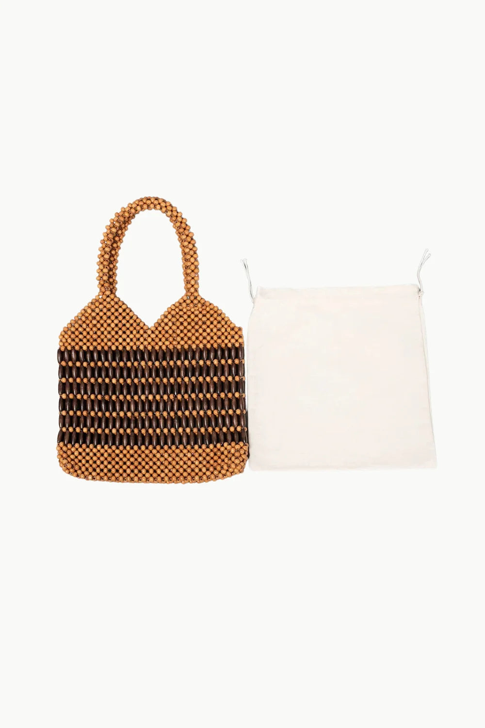 Wooden beaded handbag with striped pattern and white dust bag made of polyester main material