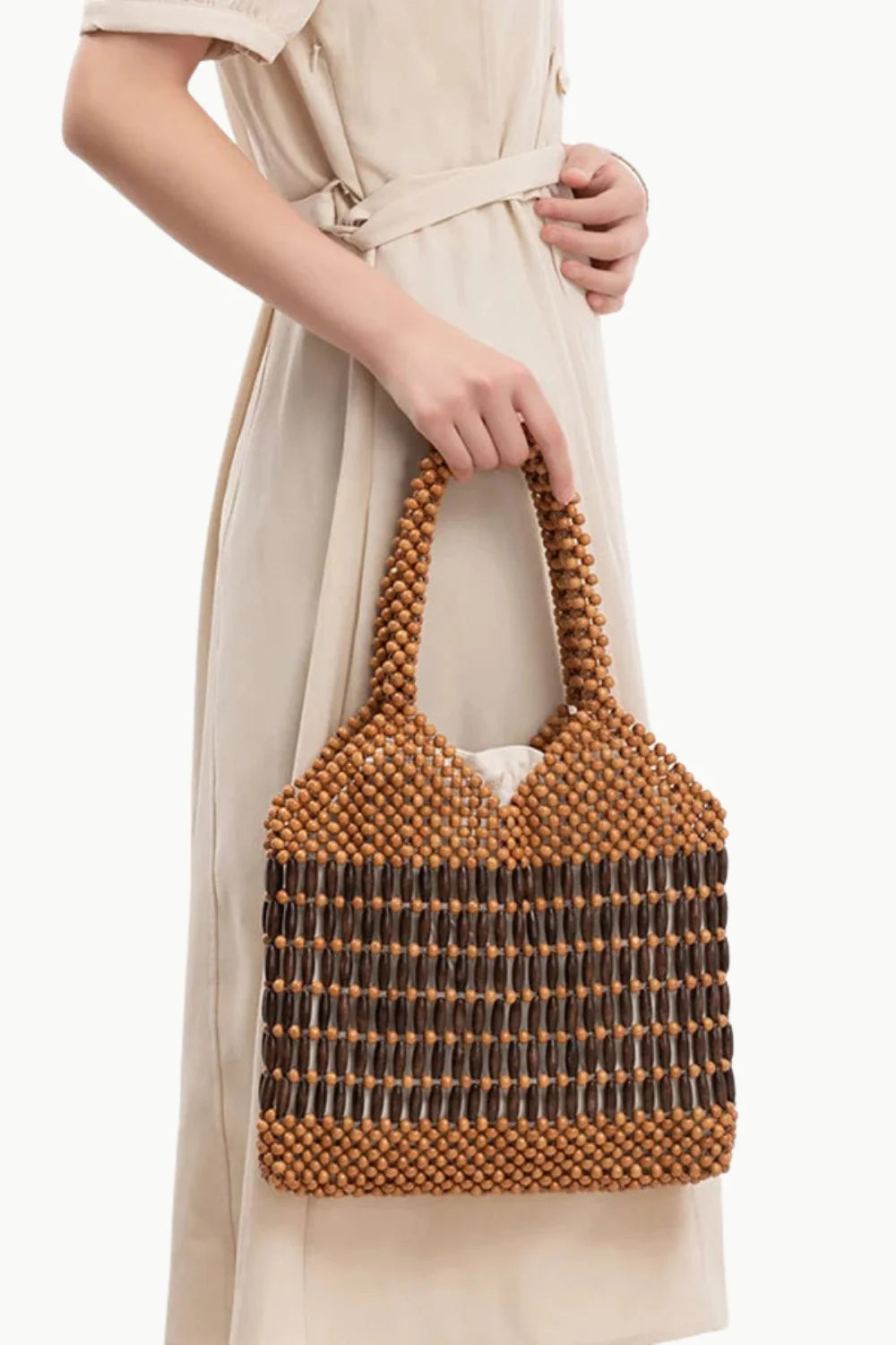Wooden beaded handbag with dark brown striped pattern made from polyester main material