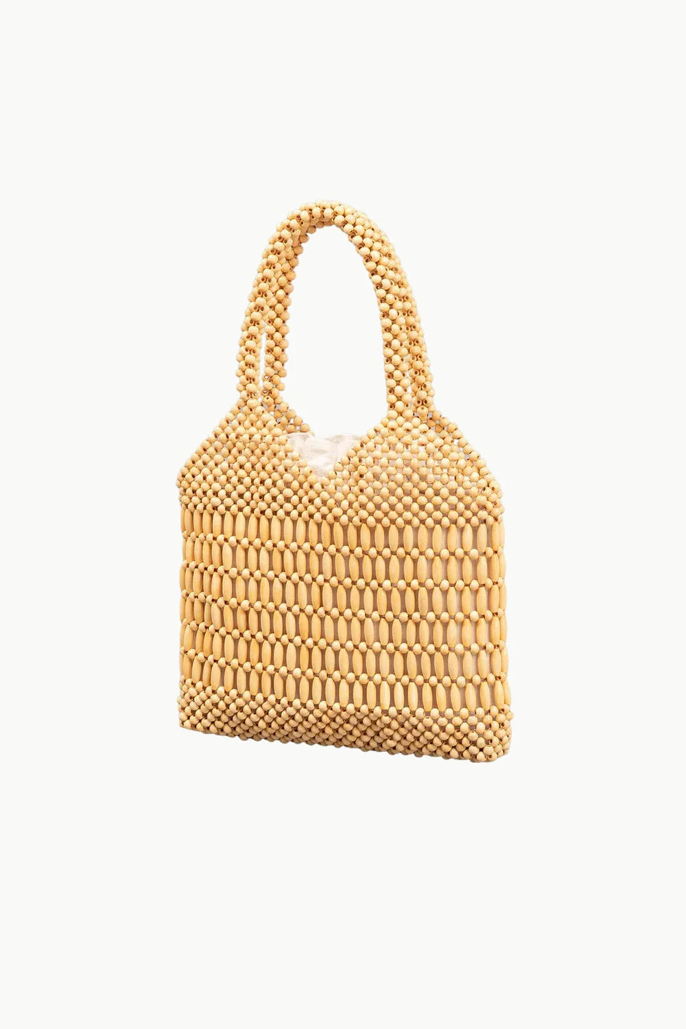 Beaded wooden tote bag with top handles made of wooden beads and polyester main material