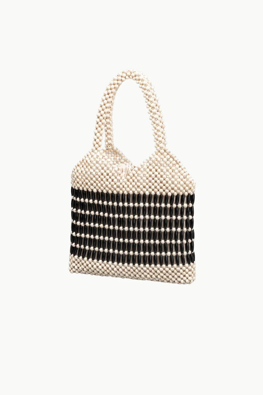 Black and white wooden beaded handbag with polyester main material and top handles