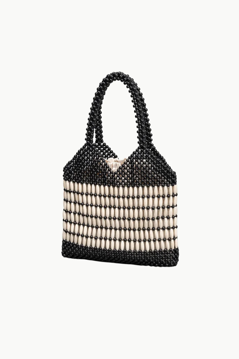 Black and white striped wooden beaded handbag with top handle made of polyester main material