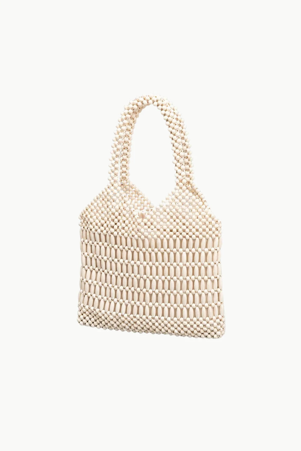 Cream-colored wooden beaded handbag with woven pattern made from polyester main material
