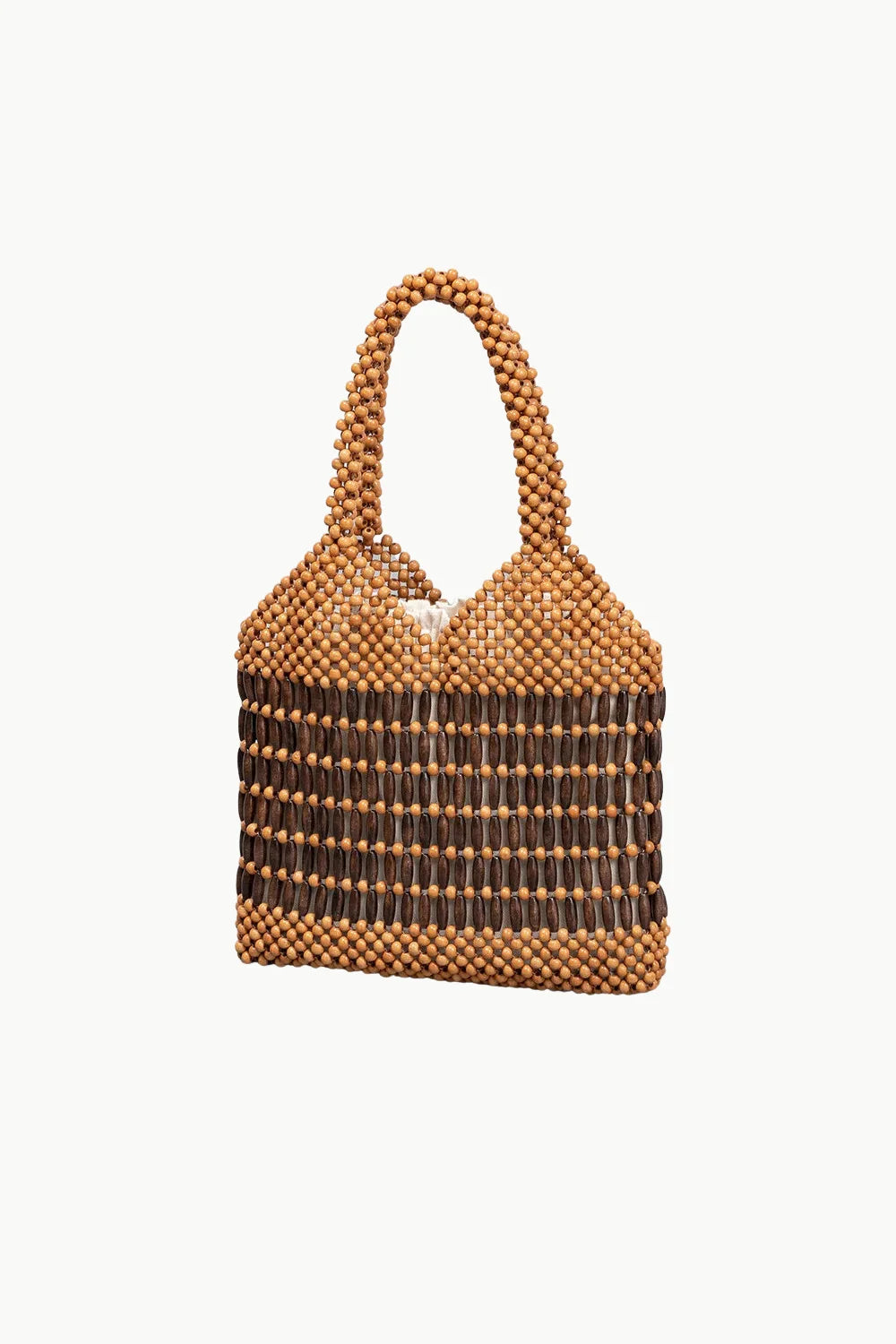 Handcrafted wooden beaded handbag with dark brown stripes made from polyester main material