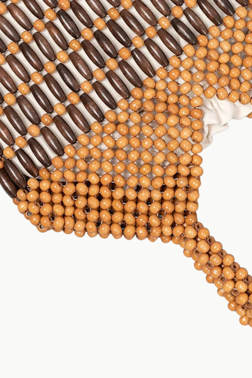 Handmade wooden beaded handbag with diagonal pattern made of wooden beads and polyester main material