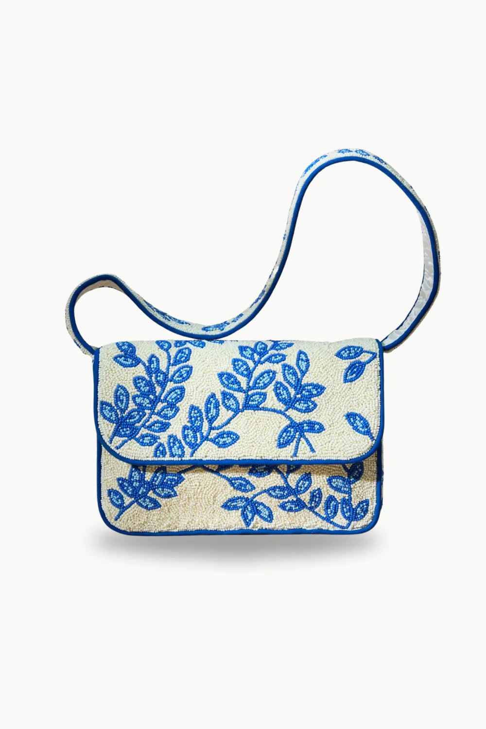 Cream-colored shoulder bag with blue leaf embroidery, perfect beaded handbag for womens accessory