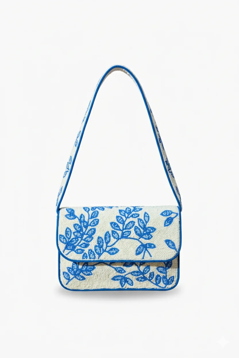 White beaded shoulder bag with blue leaf embroidery, stylish womens accessory, beaded handbags