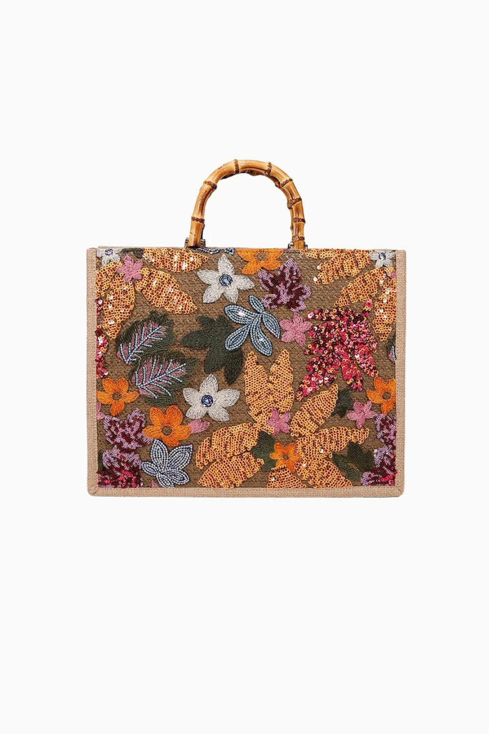 Wood beaded bag with bamboo handles and multicolored floral leaf design