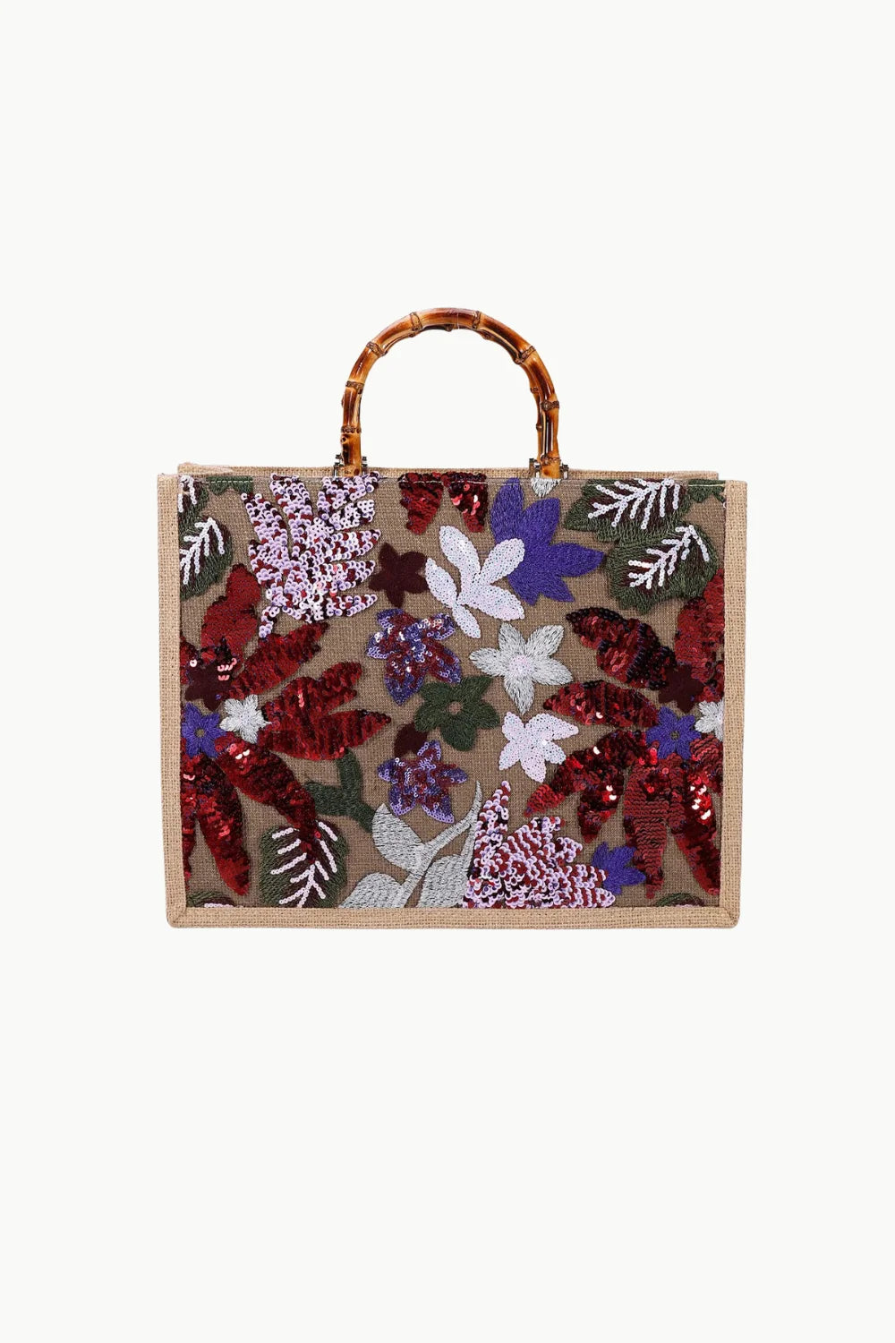 Wood beaded tote bag with bamboo handles and colorful sequin floral embroidery