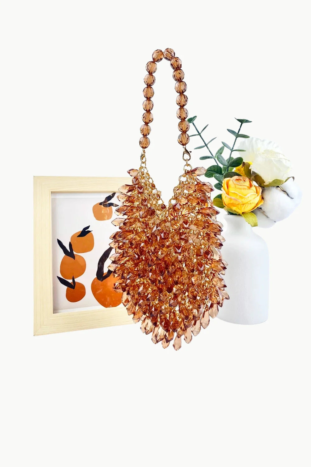 Bead Crystal Bag with top handle and fringe in warm amber color for elegant style