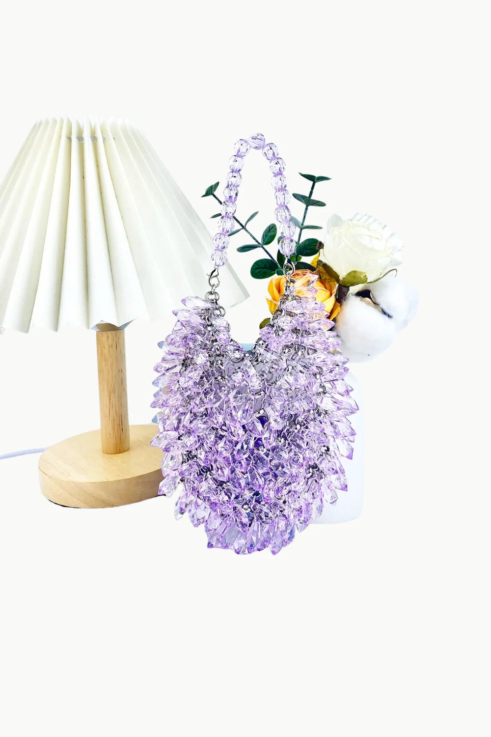Lavender bead crystal bag with clear beaded handle, stylish bead crystal bag accessory