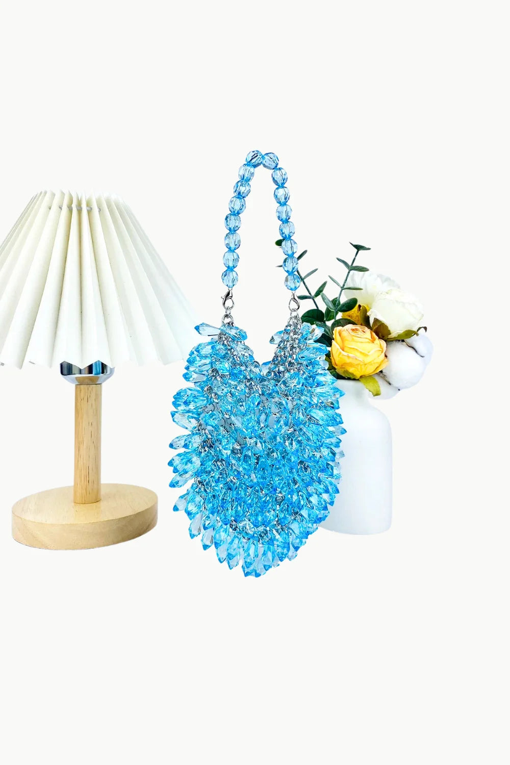 Light blue Bead Crystal Bag with matching beaded handle, stylish crystal bag accessory
