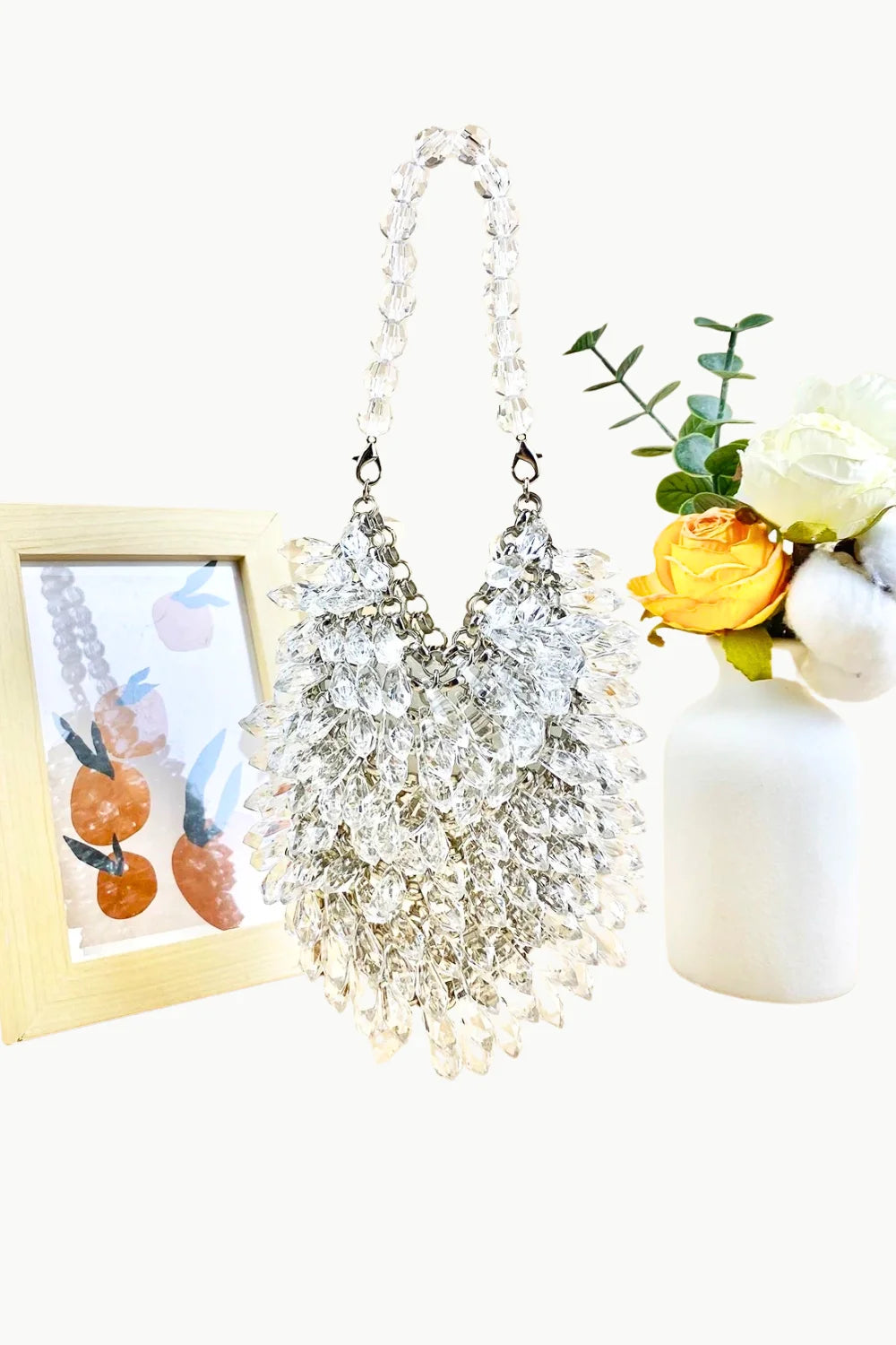 Transparent bead crystal bag with matching beaded handle, stylish crystal bag accessory