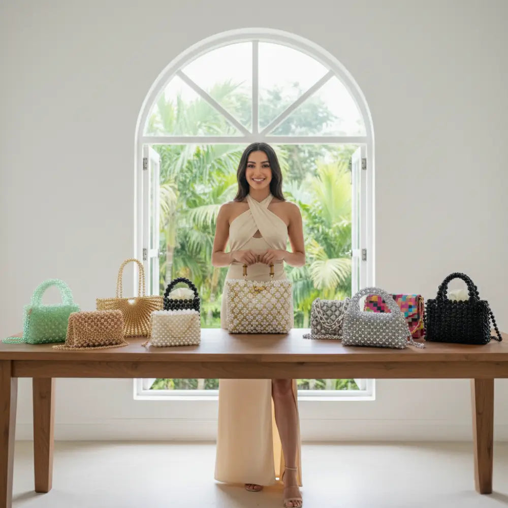 Woman standing behind a table displaying various beaded handbags in a bright room with a large window. Image