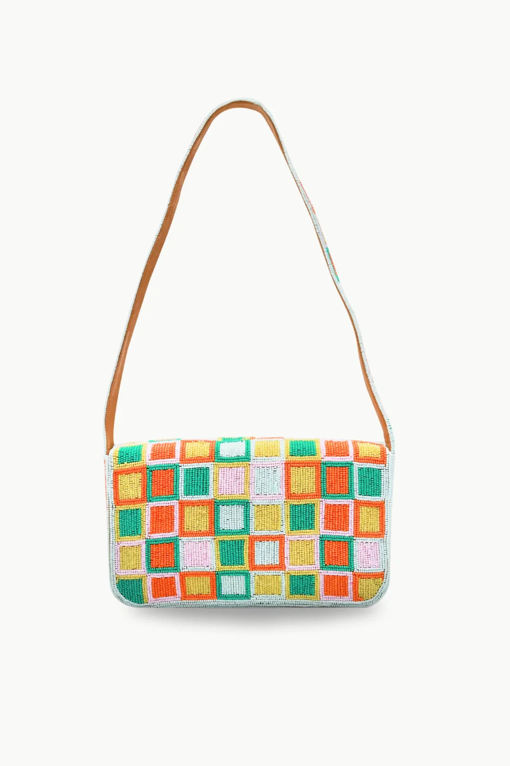 Colorful checkered beaded Baguette Bag with brown strap for stylish accessories