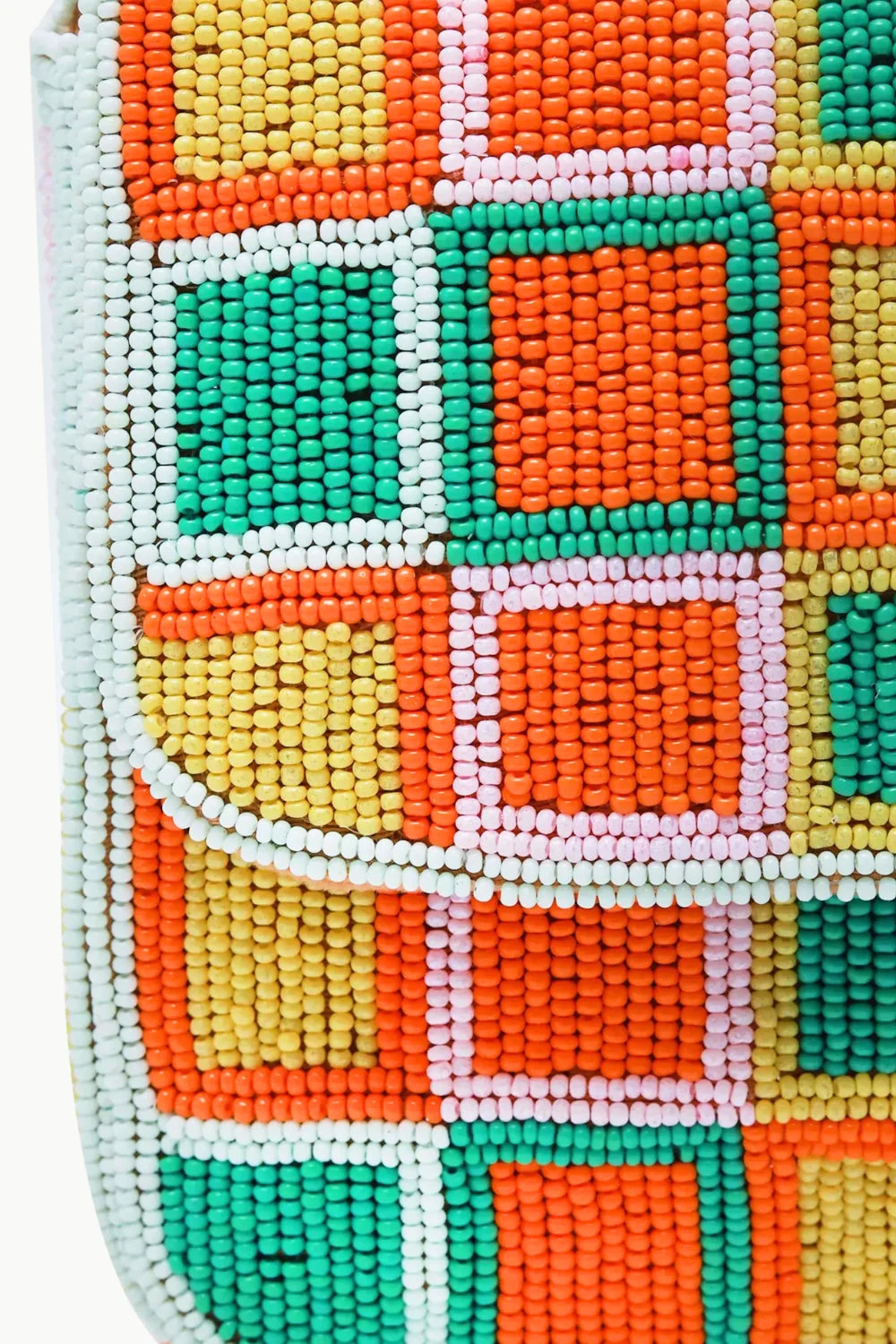 Colorful beaded baguette bag with patchwork pattern, perfect for stylish accessories