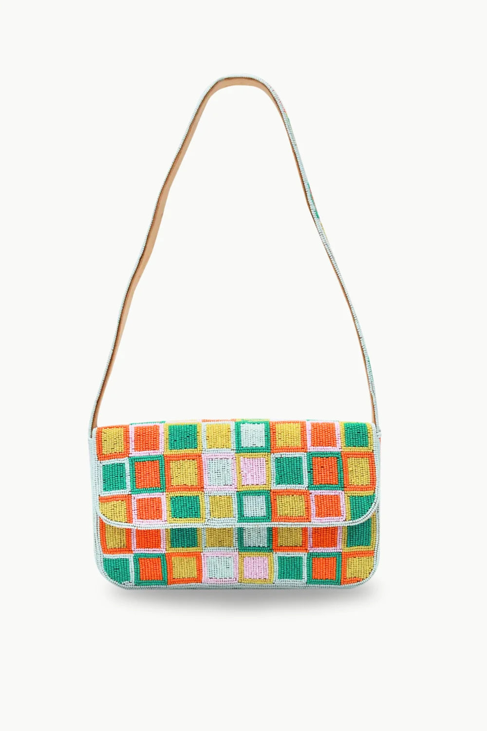 Colorful beaded baguette bag with checkered pattern, stylish beaded baguette shoulder bag